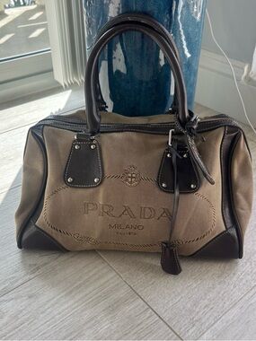 Prada Beige Canvas with Dark Brown Leather Trim Satchel